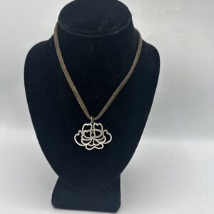 Vintage Costume Jewelry Necklace Brown Cord Silver Tone Pendant Geo Boho Choker